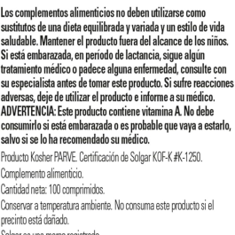 Solgar Vitamina a Seca 5000 Ui Comprimidos – Envase De, Multicolor, 100 Unidad