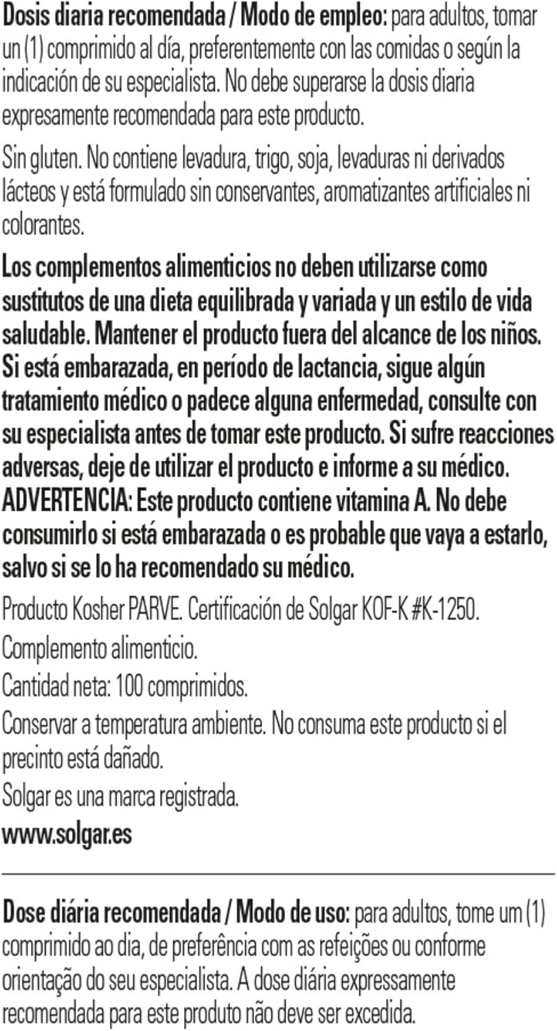 Solgar Vitamina a Seca 5000 Ui Comprimidos - Envase De, Multicolor, 100 Unidad - Imagen 2