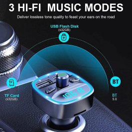 Adaptador Bluetooth 5.0 para coche, transmisor FM, doble puerto USB, función de manos libres, luz LED azul, carga rápida, accesorios para automóvil