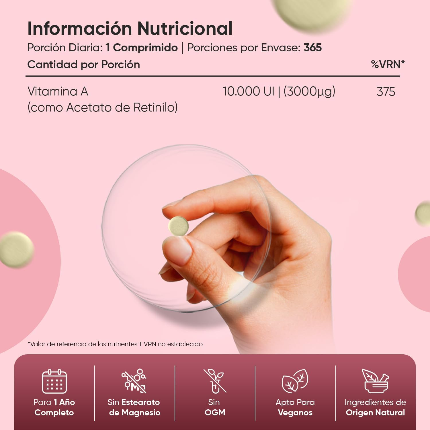 Vitamina a 10000 UI - 365 Comprimidos Acetato De Retinol Vegano Para 1 Año - Imagen 4