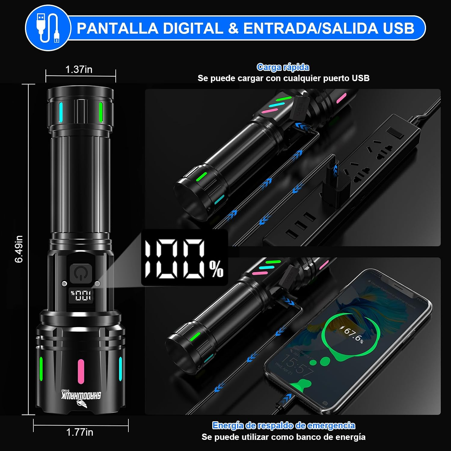 Linterna LED Alta Potencia Super Potente Recargable - Imagen 3