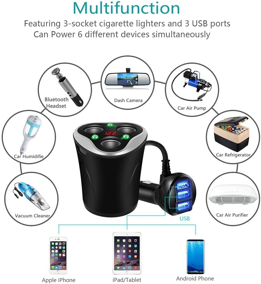 Cargador De Coche 3 USB Adaptador + 3 Sockets Encendedor De Cigarrillos Splitter 120W 12/24V - Imagen 3