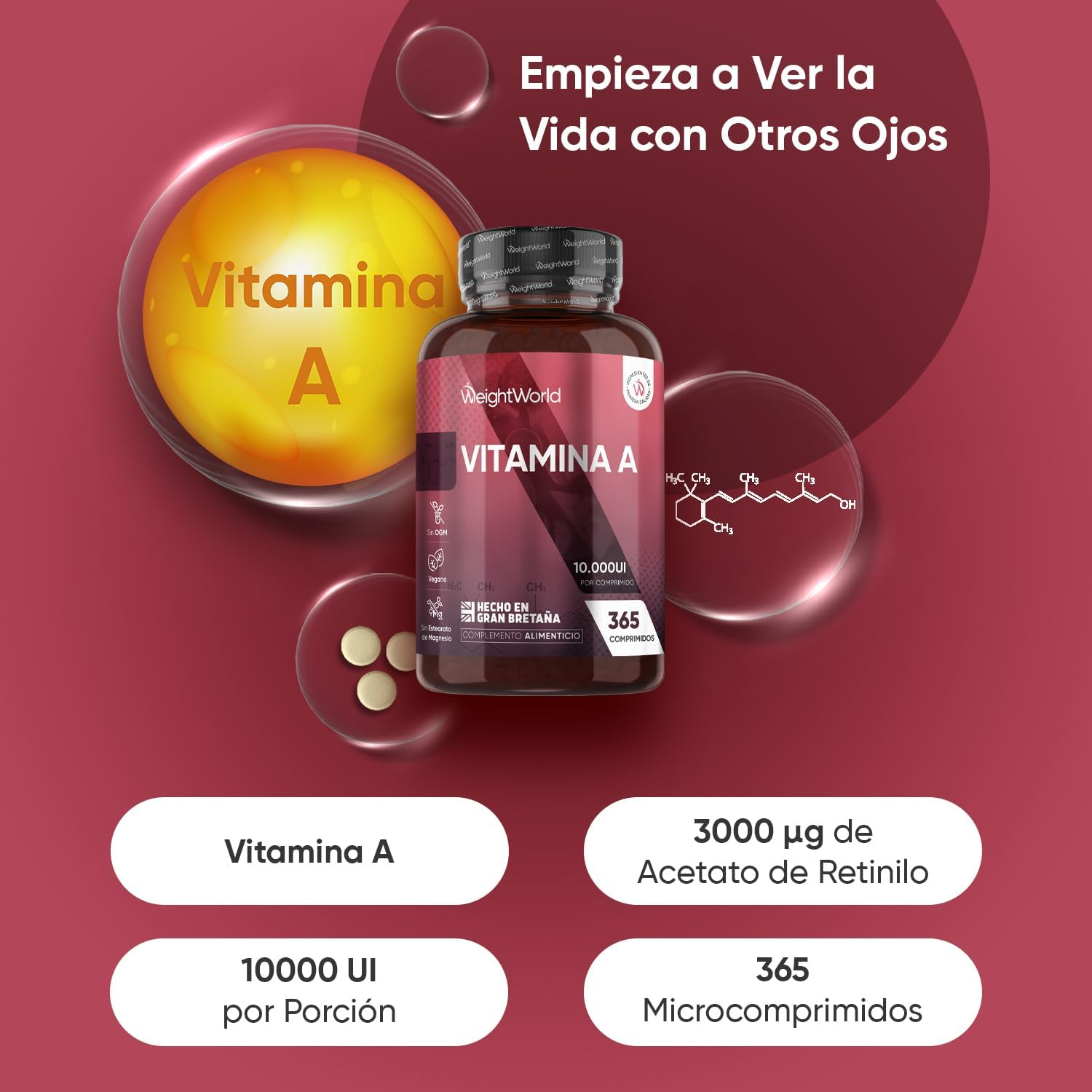 Vitamina a 10000 UI - 365 Comprimidos Acetato De Retinol Vegano Para 1 Año - Imagen 2