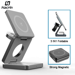 Estación de carga inalámbrica magnética plegable 3 en 1 para iPhone 15, 14, 13, 12 Pro Max y Apple Watch 8, 9