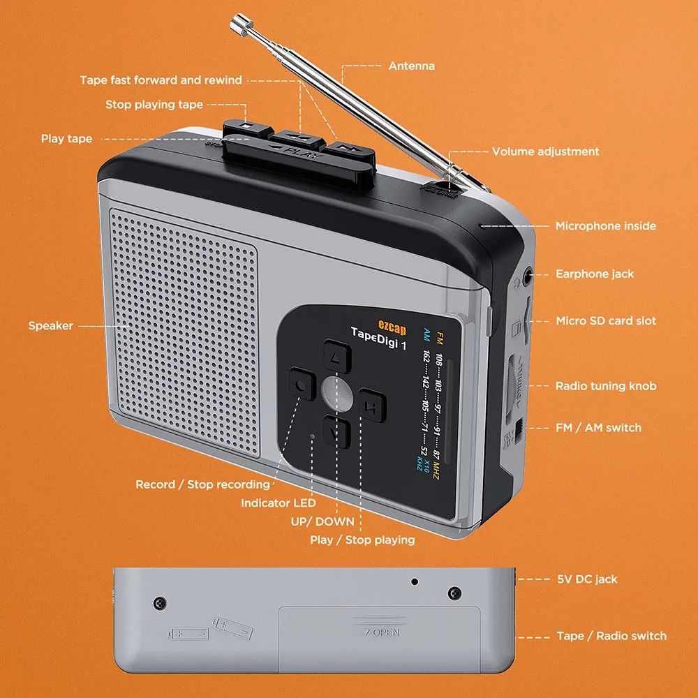 Reproductor de cintas de cassete, con radio AM/FM y función de grabación. Convertidor de casetes a MP3 - Imagen 5