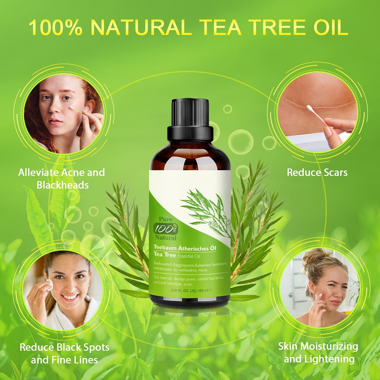 Aceite De Árbol De Té 100% Natural,100 ML Aceite Esenciale-Aceite De Acné,Tea Tree Oil Puro, Perfumado,Tratamiento Antiacné Contra La Piel Y Cara Con Imperfecciones,Antipinillas - Imagen 2