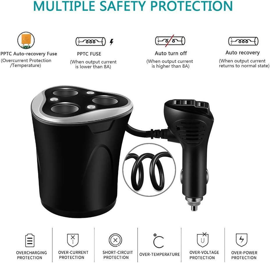 Cargador De Coche 3 USB Adaptador + 3 Sockets Encendedor De Cigarrillos Splitter 120W 12/24V - Imagen 6