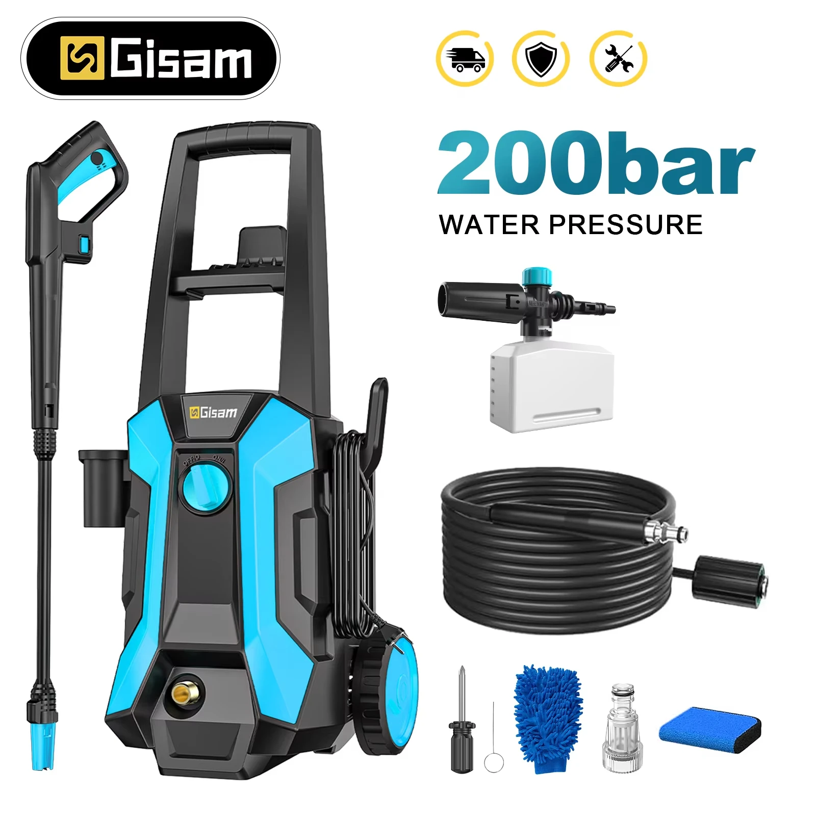 Hidrolimpiadora eléctrica de alta presión (200 bar, 2200 W) con pistola de lavado para automóviles y jardín, y boquilla ajustable a 180°. - Imagen 2