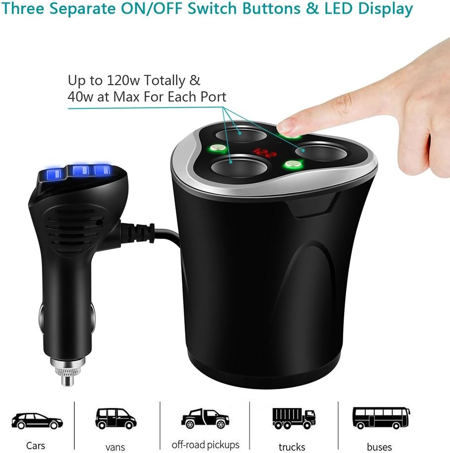 Cargador De Coche 3 USB Adaptador + 3 Sockets Encendedor De Cigarrillos Splitter 120W 12/24V - Imagen 4