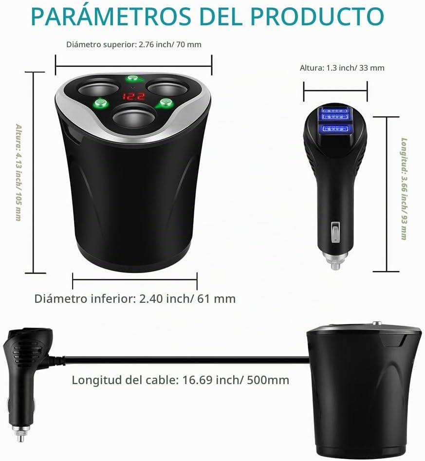 Cargador De Coche 3 USB Adaptador + 3 Sockets Encendedor De Cigarrillos Splitter 120W 12/24V - Imagen 5