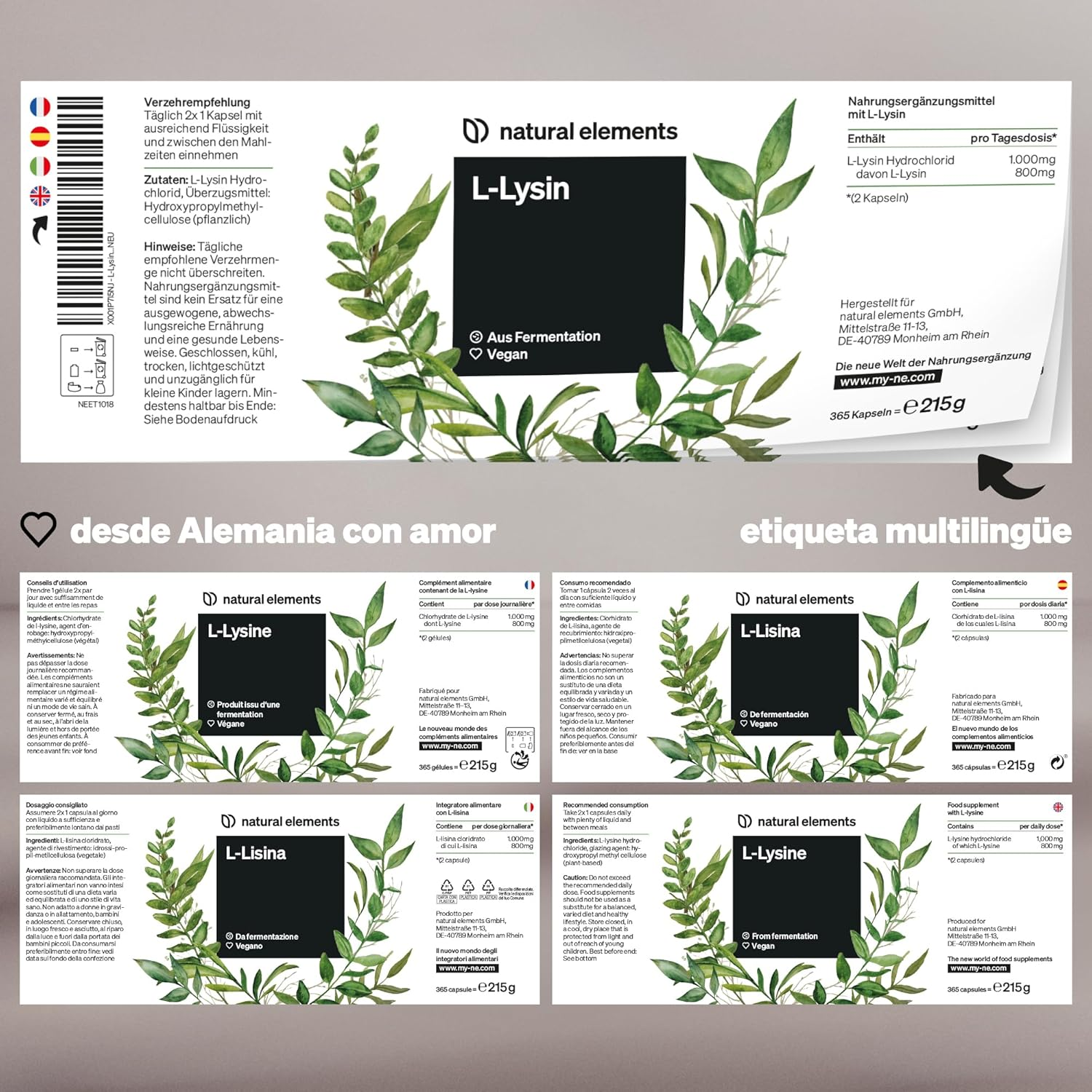 L-Lisina - Fabricado En Alemania - 365 Cápsulas - 1.000 Mg Por Dosis Diaria - Procedente De Fermentación Vegetal - Producto Vegano, Alta Dosificación, Sin Aditivos - Imagen 4